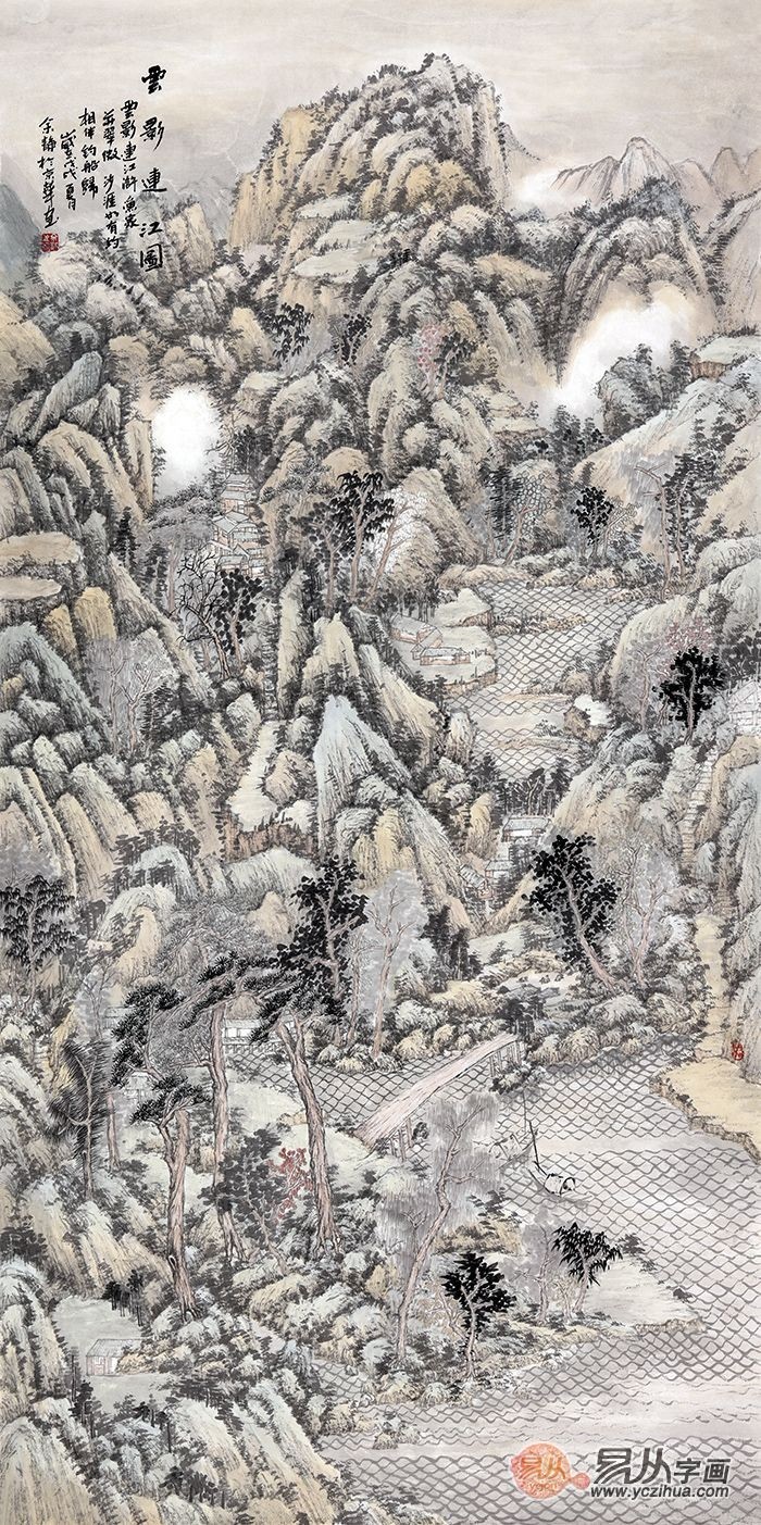 中美协画家余静新品构图山水画《云影连江图》作品来源:易从网