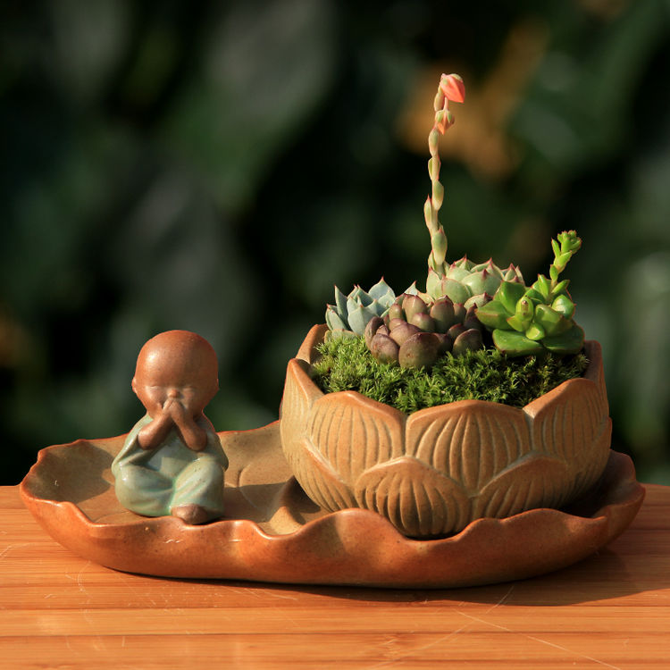 莲花荷叶托小佛创意花盆陶瓷小和尚多肉花盆 新鲜可食用,办公室摆放.