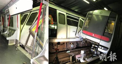 港铁2列车相撞，车辆损毁严重。图片来源：香港《明报》网站