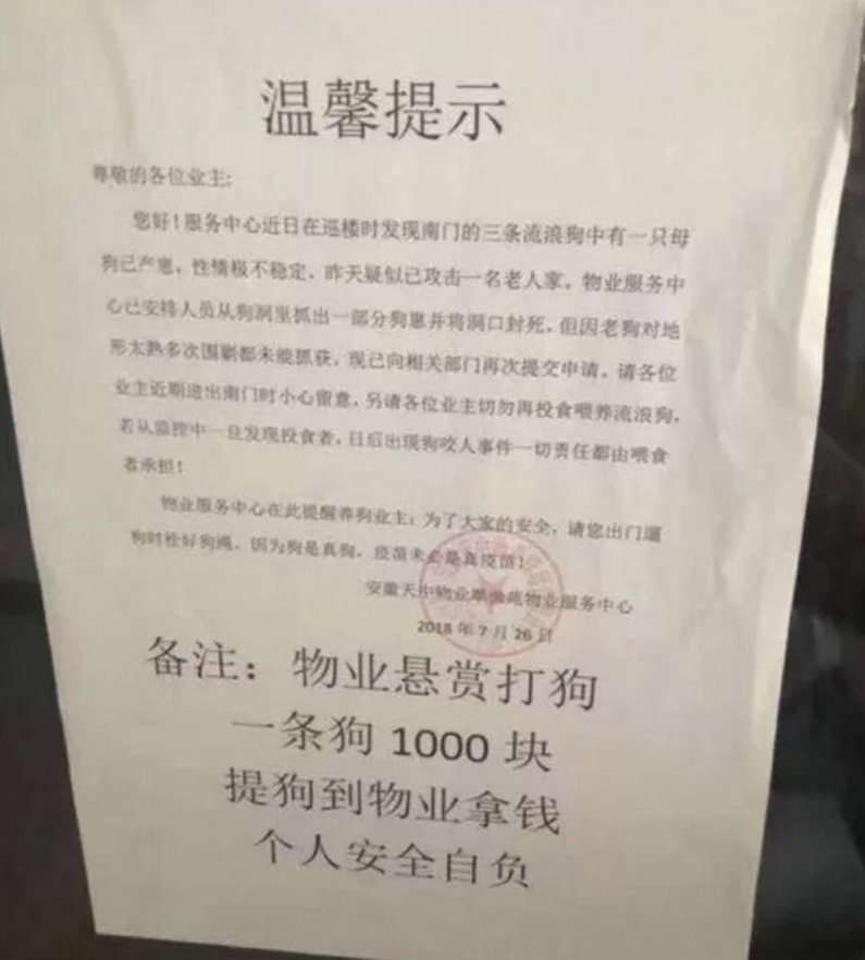 合肥一小区物业悬赏打狗:一条狗1000块 提狗拿钱