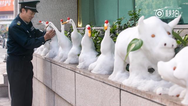 杭州初雪一保安堆了个动物园 萌翻路人