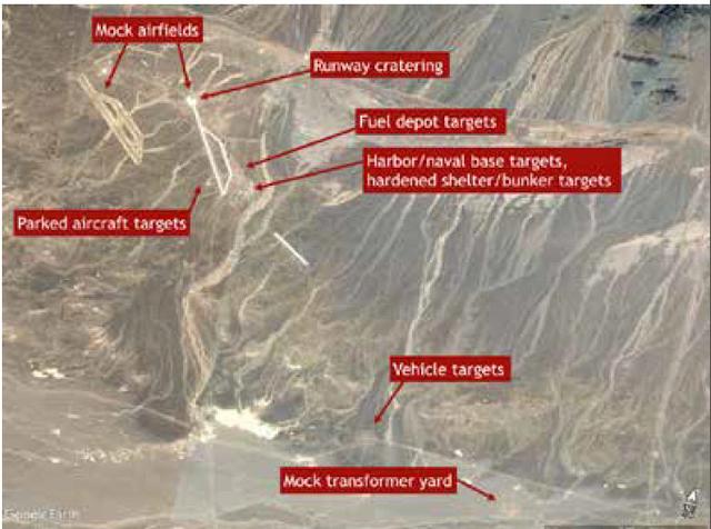 根据美国方面公布的照片，打靶试验的目标包括停靠的飞机、跑道、油库、港口和加固掩体等等。