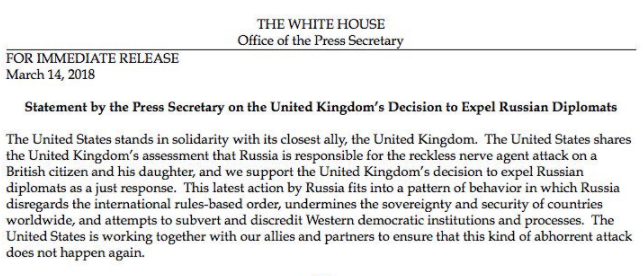 英国驱逐俄外交官 白宫发表声明挺其盟友