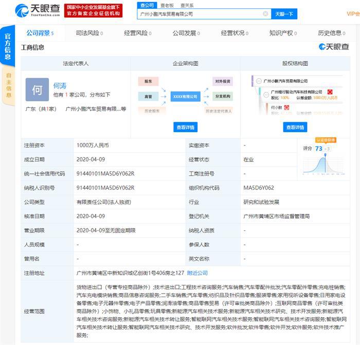 小鹏全资成立贸易公司 注册资本为1000万元
