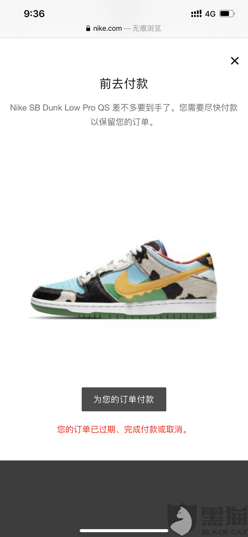 黑猫投诉nikesnkrs中鞋后不给付款错过机会