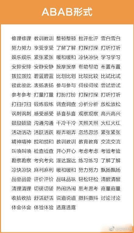 成语词语汇总:AABC、ABCC、AABB、