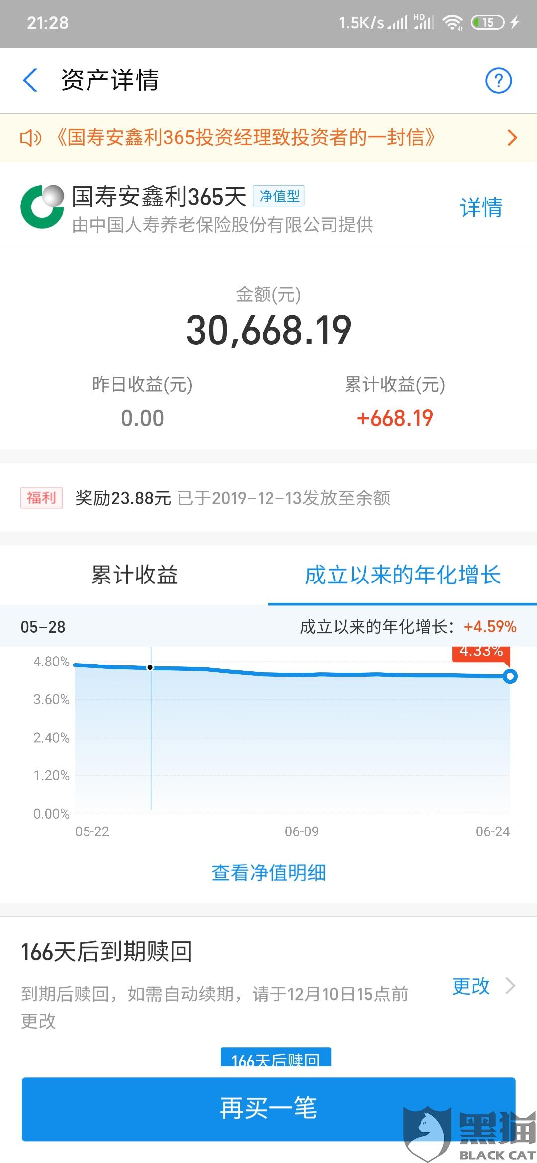 黑猫投诉:支付宝定期理财国泰安鑫利365天收益率不符合,风险等级描述