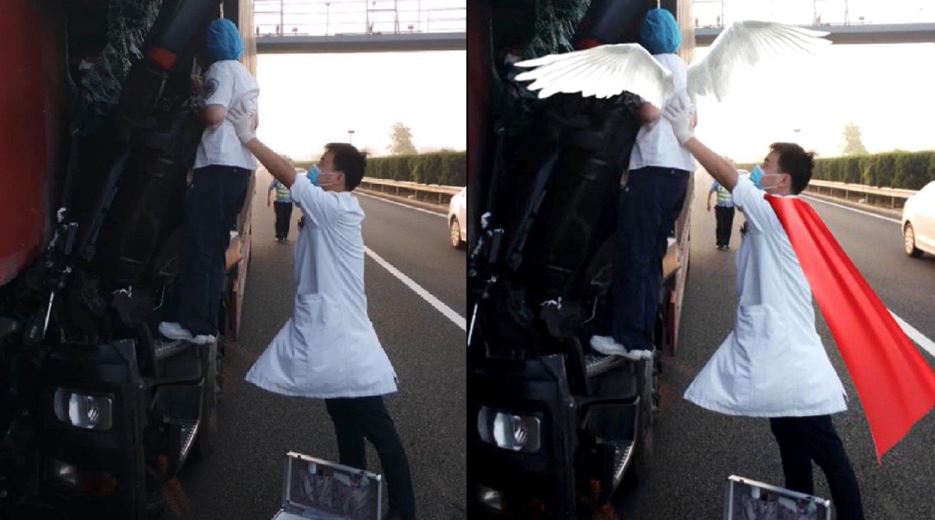 天使与超人！护士扒窗为车祸伤者输液  医生双手托举10分钟