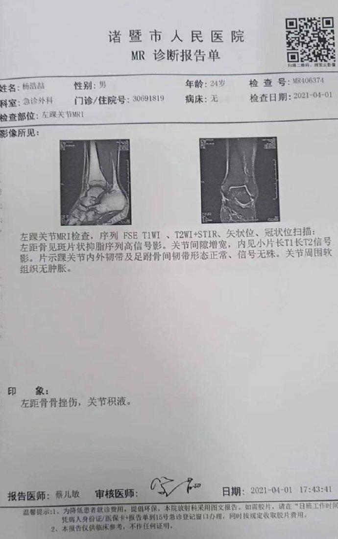 同曦透露杨皓喆伤情:左距骨骨挫伤 未伤到韧带