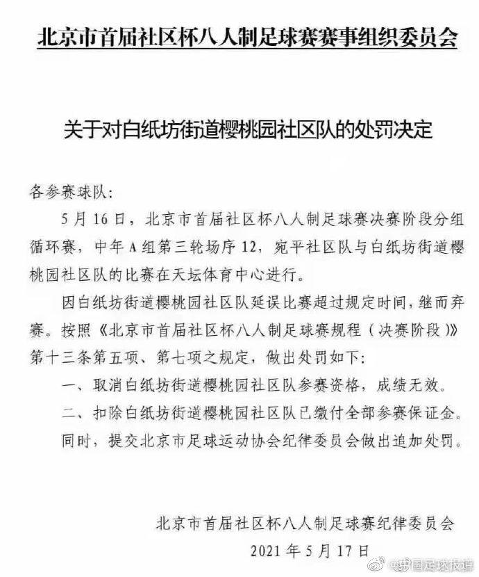 “最强社区队”被取消北京社区杯资格 成绩无效