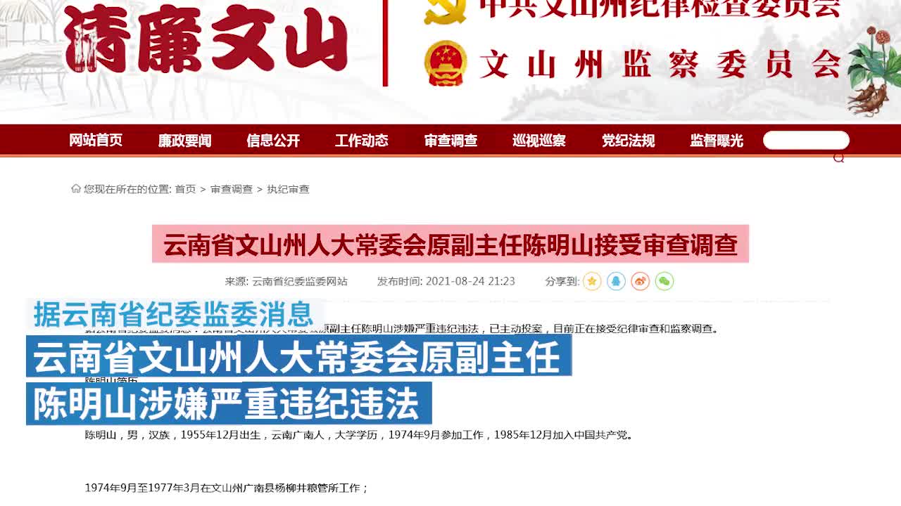 文山人大常委会原副主任陈明山涉嫌严重违纪违法接受审查调查