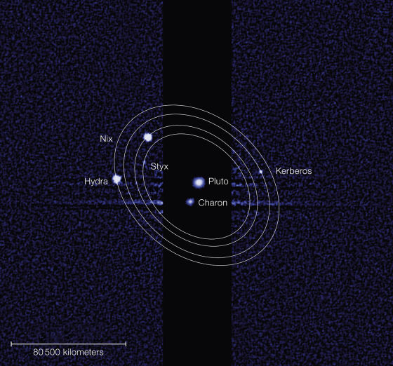 目前所知的冥王星系统,包括冥王星本身和它的5颗卫星。2015年前后,美国宇航局的新地平线号探测器将抵达这里开展人类的首次考察 目前所知的冥王星系统,包括冥王星本身和它的5颗卫星。2015年前后,美国宇航局的新地平线号探测器将抵达这里开展人类的首次考察