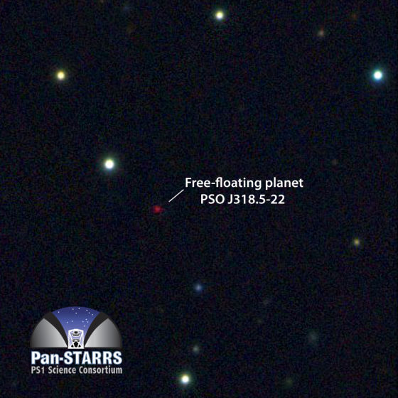 Pan-STARRS1望远镜获取的流浪行星PSO J318.5-22多彩色图像。这颗行星非常寒冷暗弱,比金星的可见光波段亮度低大约1000亿倍。其大部分能量辐射集中在红外波段。这张图像边长覆盖大约125角秒 Pan-STARRS1望远镜获取的流浪行星PSO J318.5-22多彩色图像。这颗行星非常寒冷暗弱,比金星的可见光波段亮度低大约1000亿倍。其大部分能量辐射集中在红外波段。这张图像边长覆盖大约125角秒