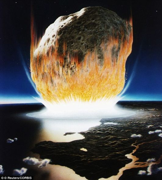 这张艺术概念图显示的是那颗直径6英里(9.66公里)的小行星在撞上地球,导致大量生命消亡时的样子 这张艺术概念图显示的是那颗直径6英里(9.66公里)的小行星在撞上地球,导致大量生命消亡时的样子