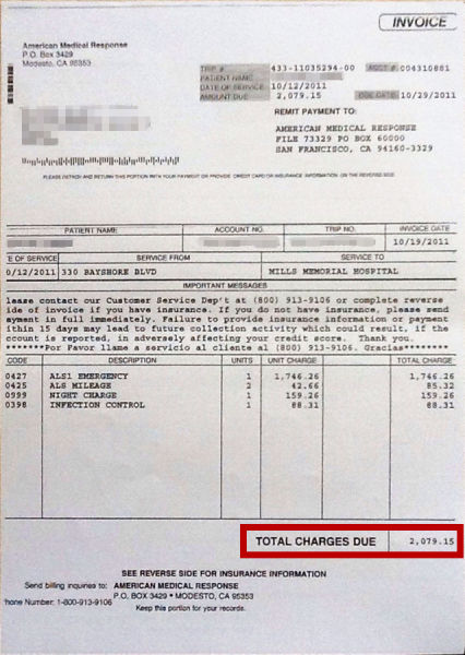笔者的某位长辈2011年赴美旅游期间因腰部扭伤收到的医院账单(已隐去姓名地址)