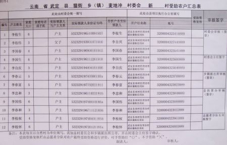 武定县猫街镇麦地冲村委会新村农户汇总表 武定县猫街镇麦地冲村委会新村农户汇总表