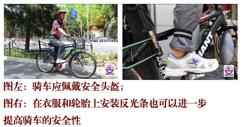 图左：骑车应佩戴安全头盔图；图右：在衣服和轮胎上安装反光条也可以进一步提高骑车的安全性
