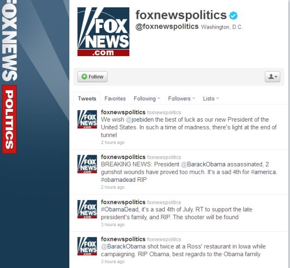 福克斯新闻Twitter账户发布奥巴马遇刺消息