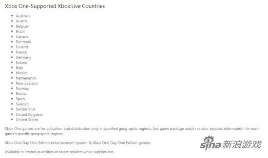微软Xbox One支持地区列表，请注意下方第一段文字