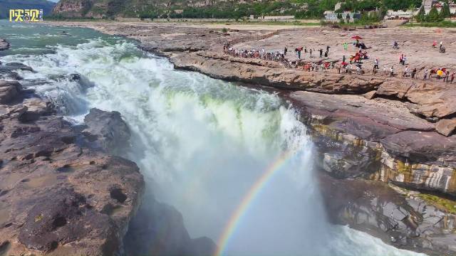  Hukou Waterfall on the Yellow River Showing Green Water and Rainbow