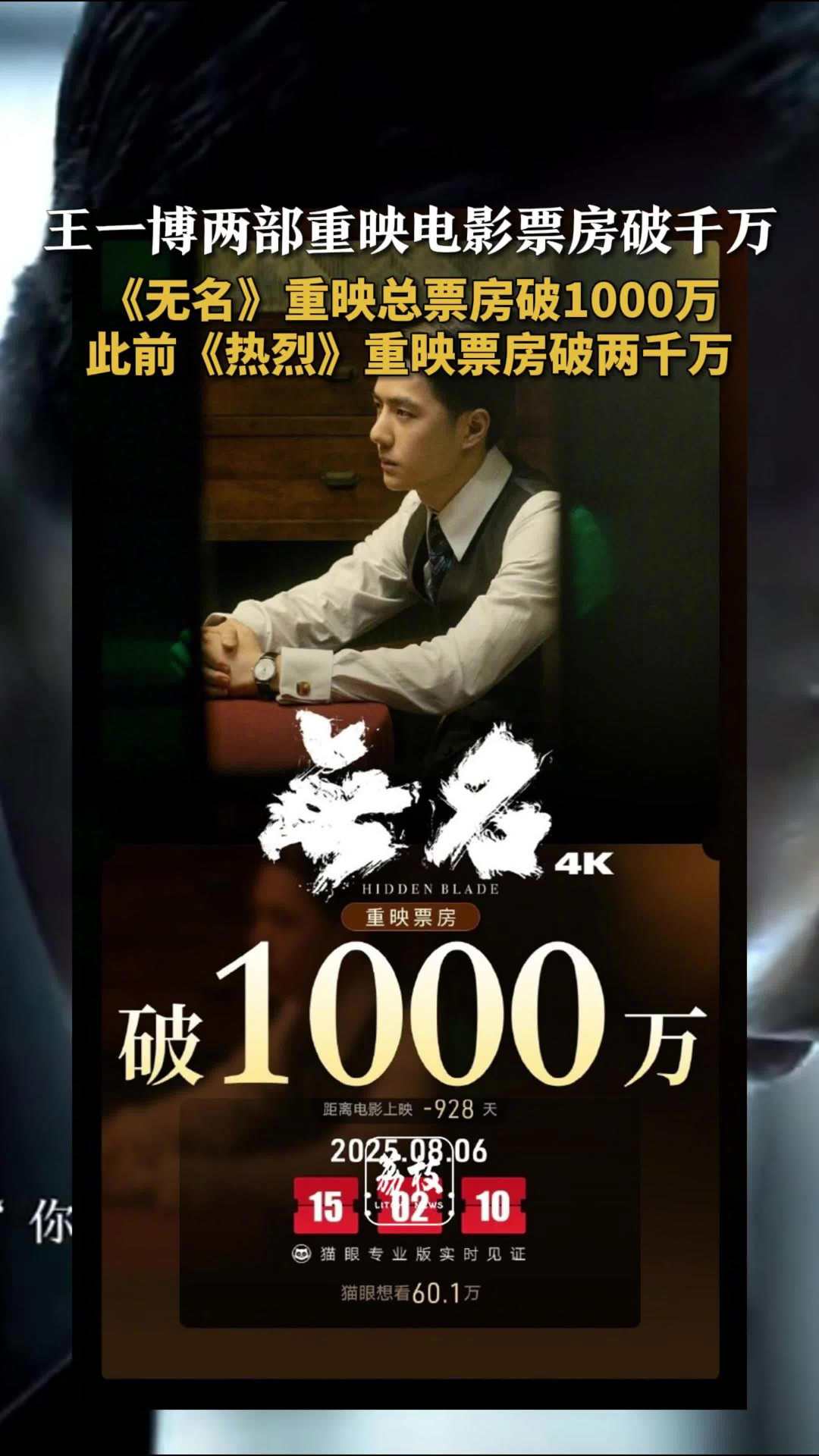 王一博无名重映票房破1000万 王一博2部重映电影票房均破千万