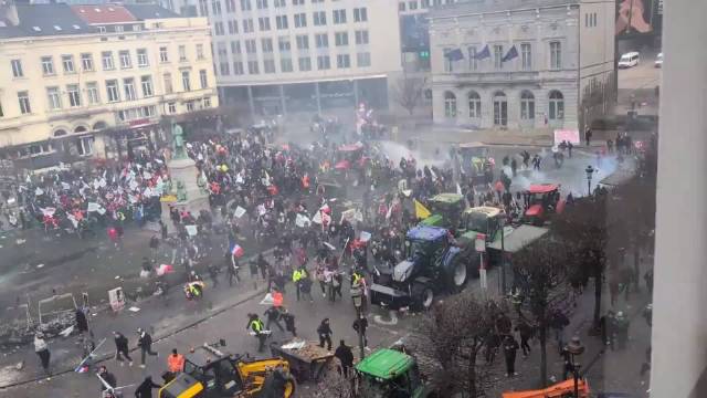 布鲁塞尔爆发大规模抗议：抗议者驾拖拉机冲击欧盟总部 投掷鸡蛋粪便