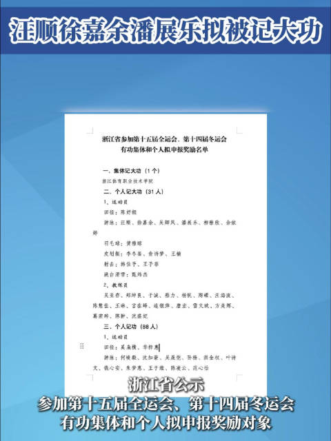 汪顺徐嘉余潘展乐拟被记大功