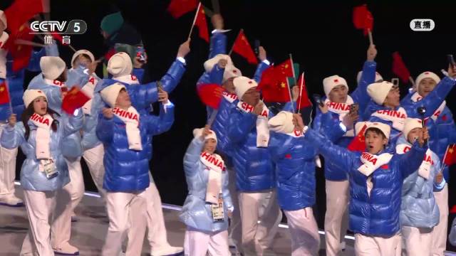 中国代表团蓝色羽绒服亮相米兰冬奥会开幕式