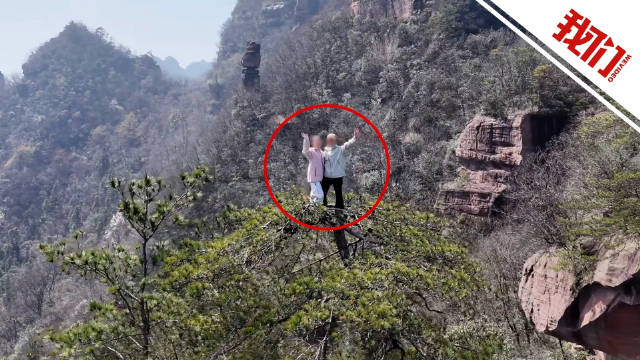 2游客为拍照爬上悬崖边树木顶端 当地紧急提醒