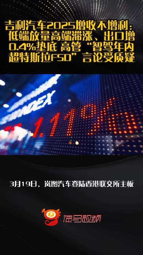 吉利汽车2025增收不增利：低端放量高端滞涨、出口增0.4%垫底 高管“智驾年内超特斯拉FSD”言论受质疑