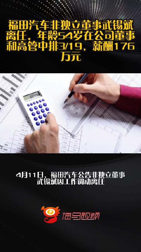 福田汽车非独立董事武锡斌离任，年龄54岁在公司董事和高管中排3/19，薪酬176万元