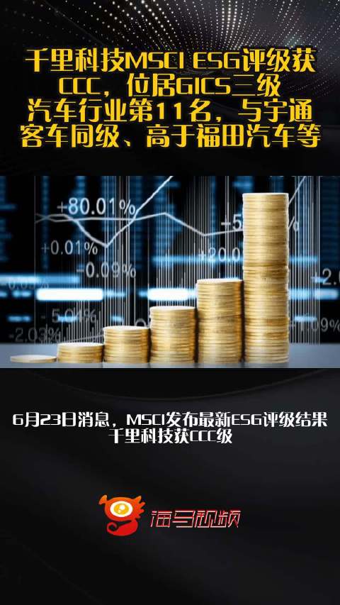 千里科技MSCI ESG评级获CCC，位居GICS三级汽车行业第11名，与宇通客车同级、高于福田汽车等