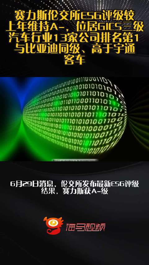 赛力斯伦交所ESG评级较上年维持A-，位居GICS三级汽车行业13家公司排名第1，与比亚迪同级、高于宇通客车