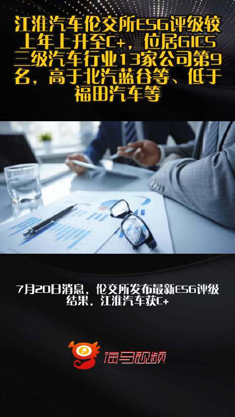 江淮汽车伦交所ESG评级较上年上升至C+，位居GICS三级汽车行业13家公司第9名，高于北汽蓝谷等、低于福田汽车等