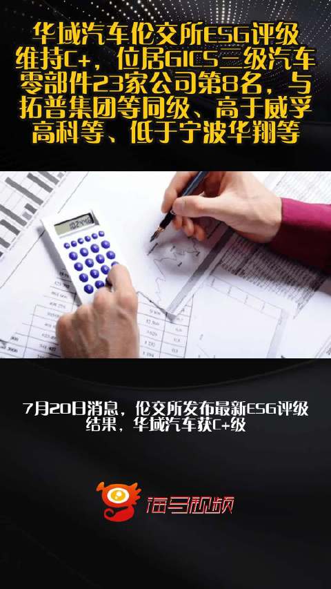 华域汽车伦交所ESG评级维持C+，位居GICS三级汽车零部件23家公司第8名，与拓普集团等同级、高于威孚高科等、低于宁波华翔等
