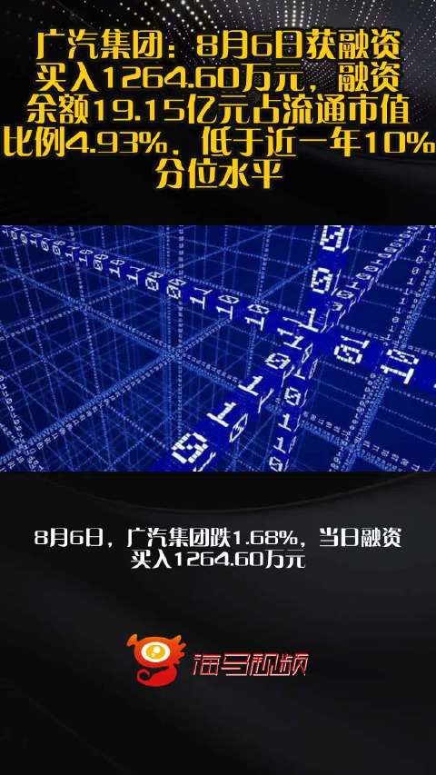 广汽集团：8月6日获融资买入1264.60万元，融资余额19.15亿元占流通市值比例4.93%，低于近一年10%分位水平