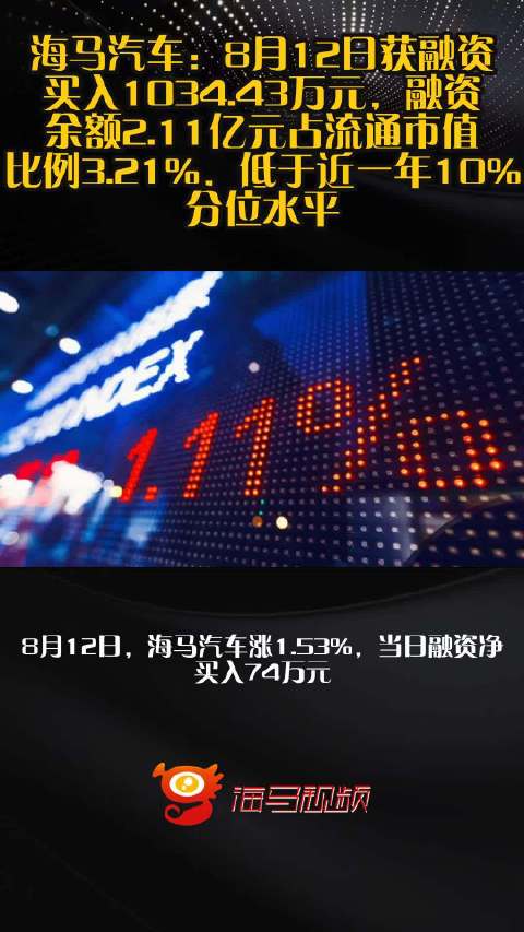 海马汽车：8月12日获融资买入1034.43万元，融资余额2.11亿元占流通市值比例3.21%，低于近一年10%分位水平