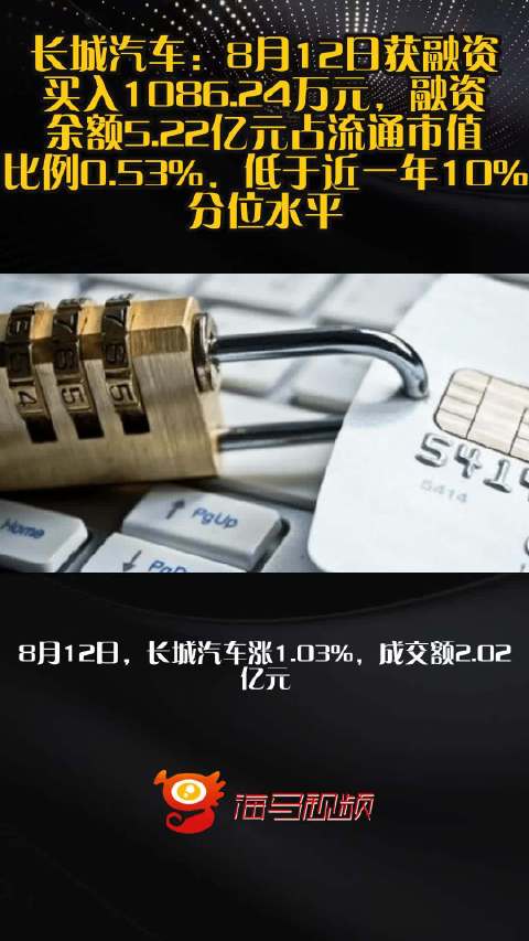 长城汽车：8月12日获融资买入1086.24万元，融资余额5.22亿元占流通市值比例0.53%，低于近一年10%分位水平