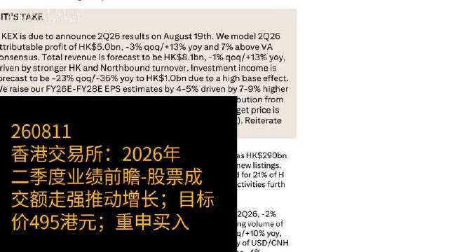 港交所2026年二季度：成交额走强，买入，目标价495港元