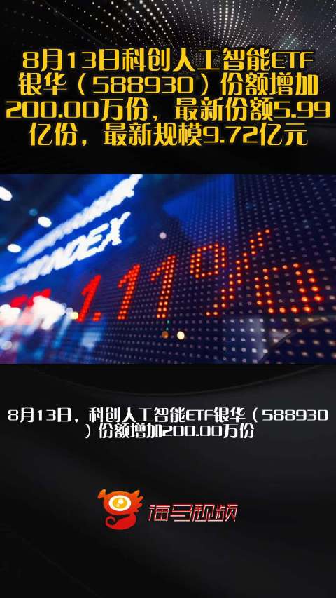 8月13日科创人工智能ETF银华（588930）份额增加200.00万份，最新份额5.99亿份，最新规模9.72亿元