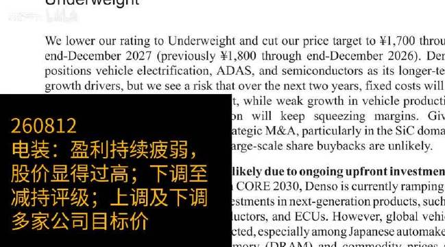 电装盈利持续承压，估值偏高遭下调至减持