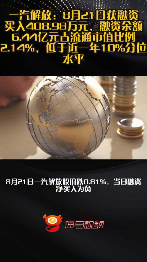 一汽解放：8月21日获融资买入408.98万元，融资余额6.44亿元占流通市值比例2.14%，低于近一年10%分位水平