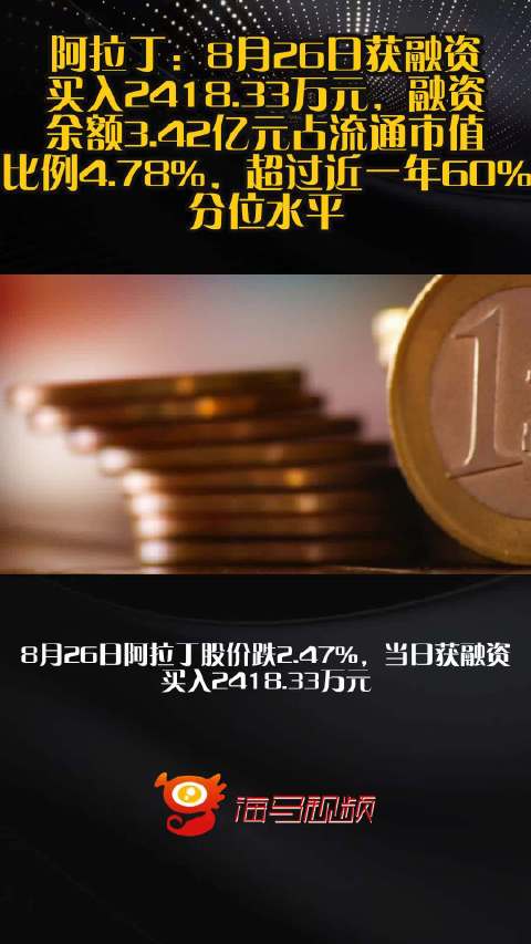 阿拉丁：8月26日获融资买入2418.33万元，融资余额3.42亿元占流通市值比例4.78%，超过近一年60%分位水平