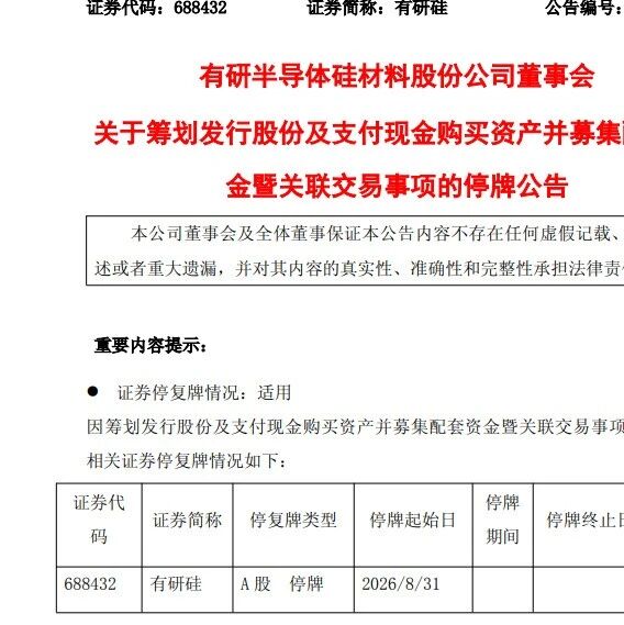 500亿半导体大牛股，明起停牌