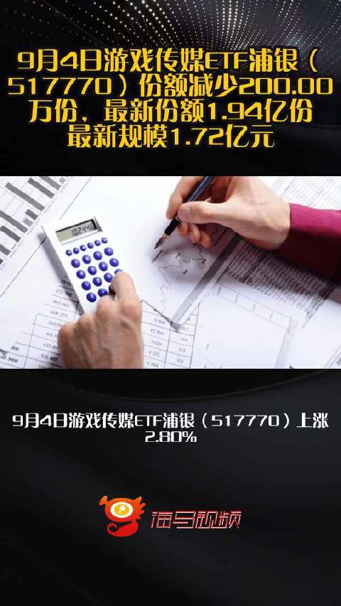 9月4日游戏传媒ETF浦银（517770）份额减少200.00万份，最新份额1.94亿份，最新规模1.72亿元