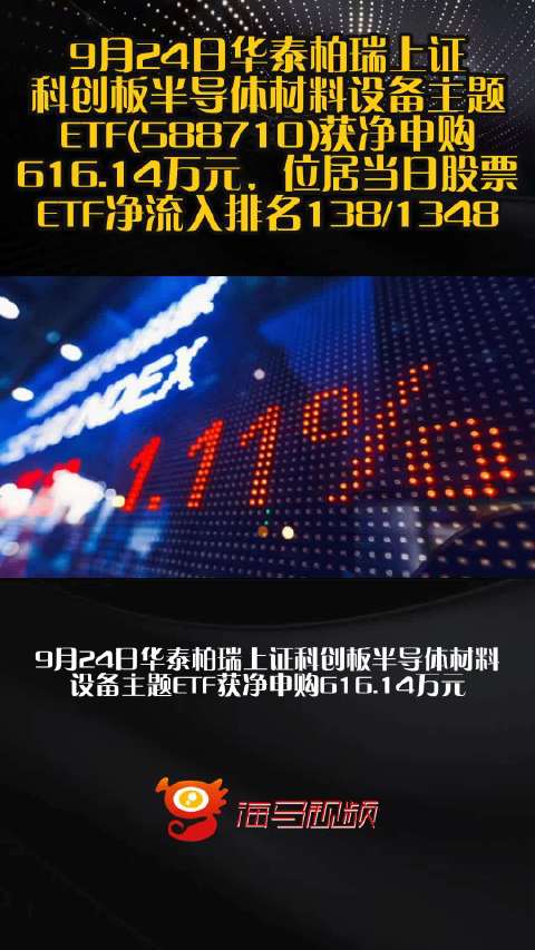 9月24日华泰柏瑞上证科创板半导体材料设备主题ETF(588710)获净申购616.14万元，位居当日股票ETF净流入排名138/1348