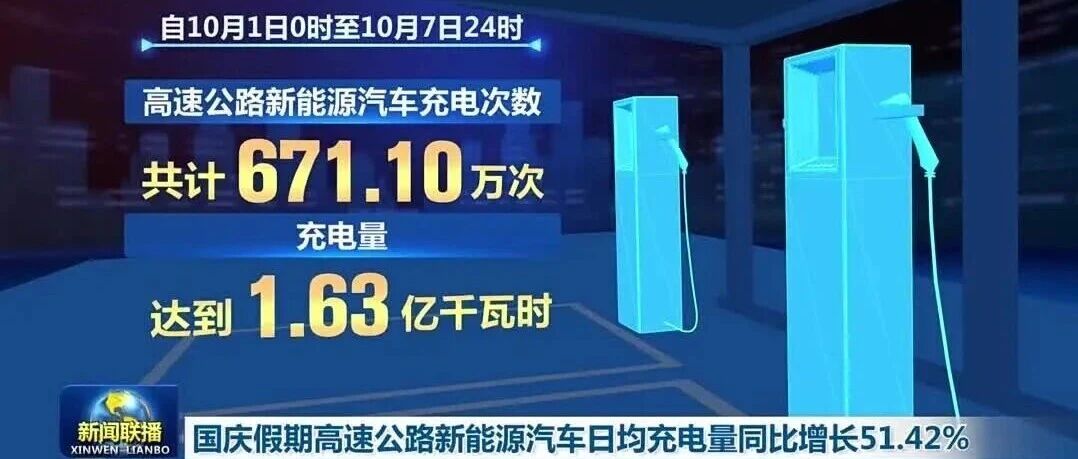 新闻联播｜国庆假期高速公路新能源汽车日均充电量同比增长51.42%