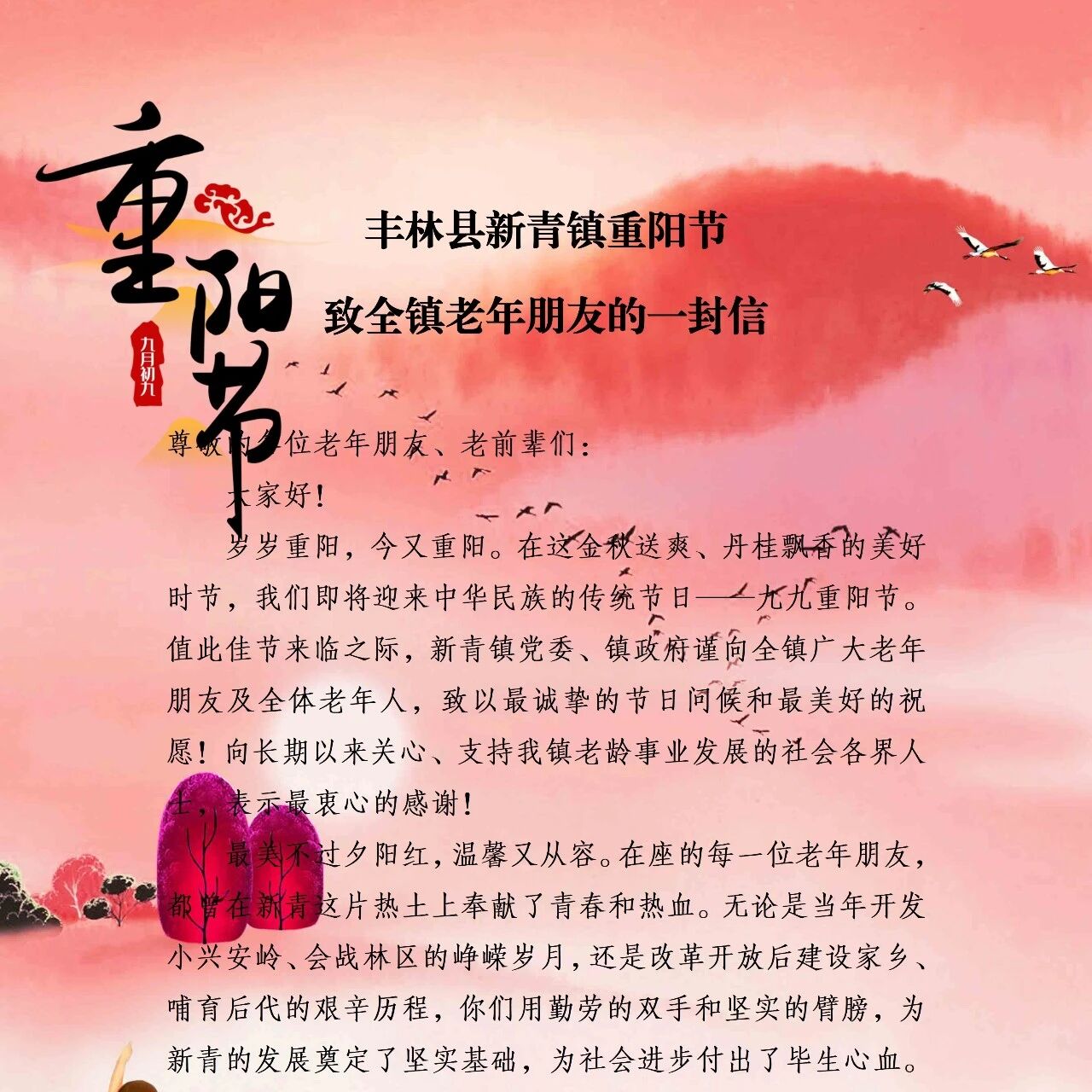丰林县新青镇重阳节致全镇老年朋友的一封信 丰林县新青镇重阳节致全镇老年朋友的一封信