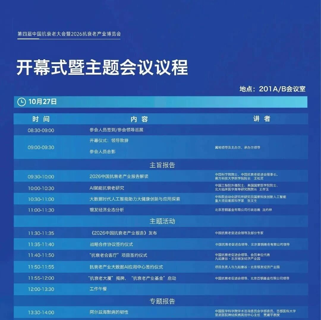第四届中国抗衰老大会暨2026抗衰老产业博览会会议议程