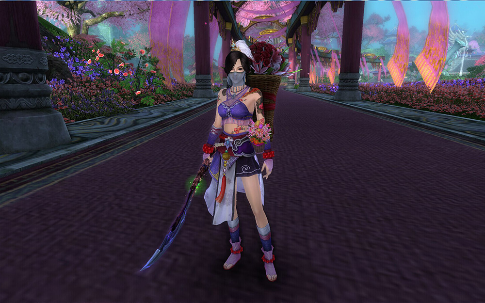 隐纹衫·魇+紫云映雪袍(头)+不知风月·昊+百花生骄(节日)+锦绣花团(节日)+天罪刀